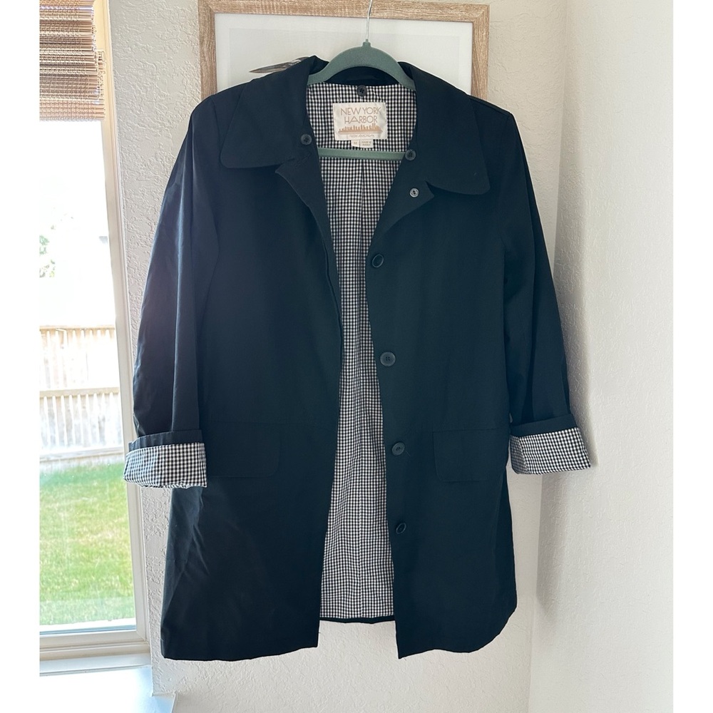 Vintage New York Harbor Black Gingham Trench Coat Sz Medium